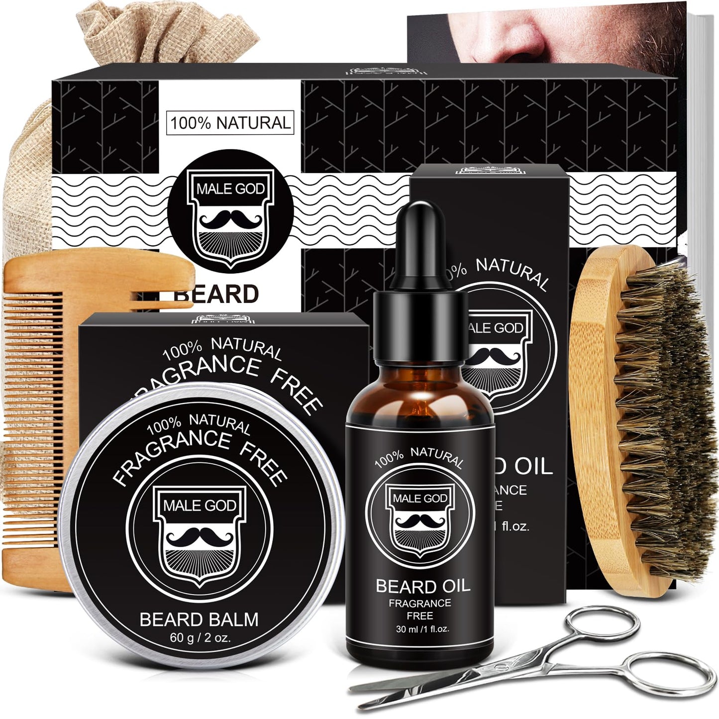 MALE GOD Gifts for Men, Beard Kit with Beard Oil, Balm, Comb, Brush, Scissors, Beauty Gift Sets for Him, Birthday & Christmas, Stocking Stuffers for Adults Men, Boyfriend, Husband, Son, Friend, Dad