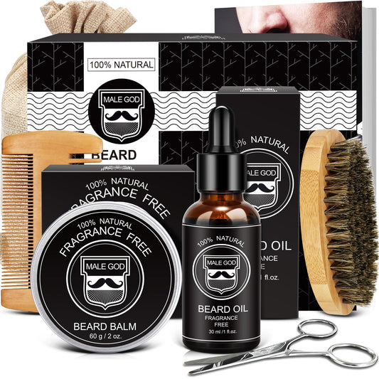 MALE GOD Gifts for Men, Beard Kit with Beard Oil, Balm, Comb, Brush, Scissors, Beauty Gift Sets for Him, Birthday & Christmas, Stocking Stuffers for Adults Men, Boyfriend, Husband, Son, Friend, Dad