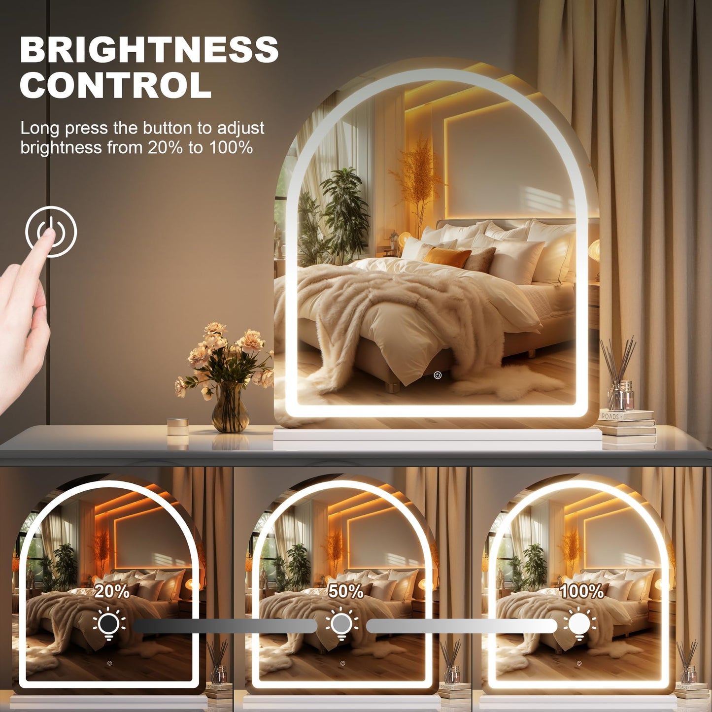 Hasipu Vanity Mirror with Lights, 26"× 30" Arched LED Makeup Mirror, Lighted Desktop Makeup Mirror with Lights, Smart Touch Control Dimmable 3 Modes Light White