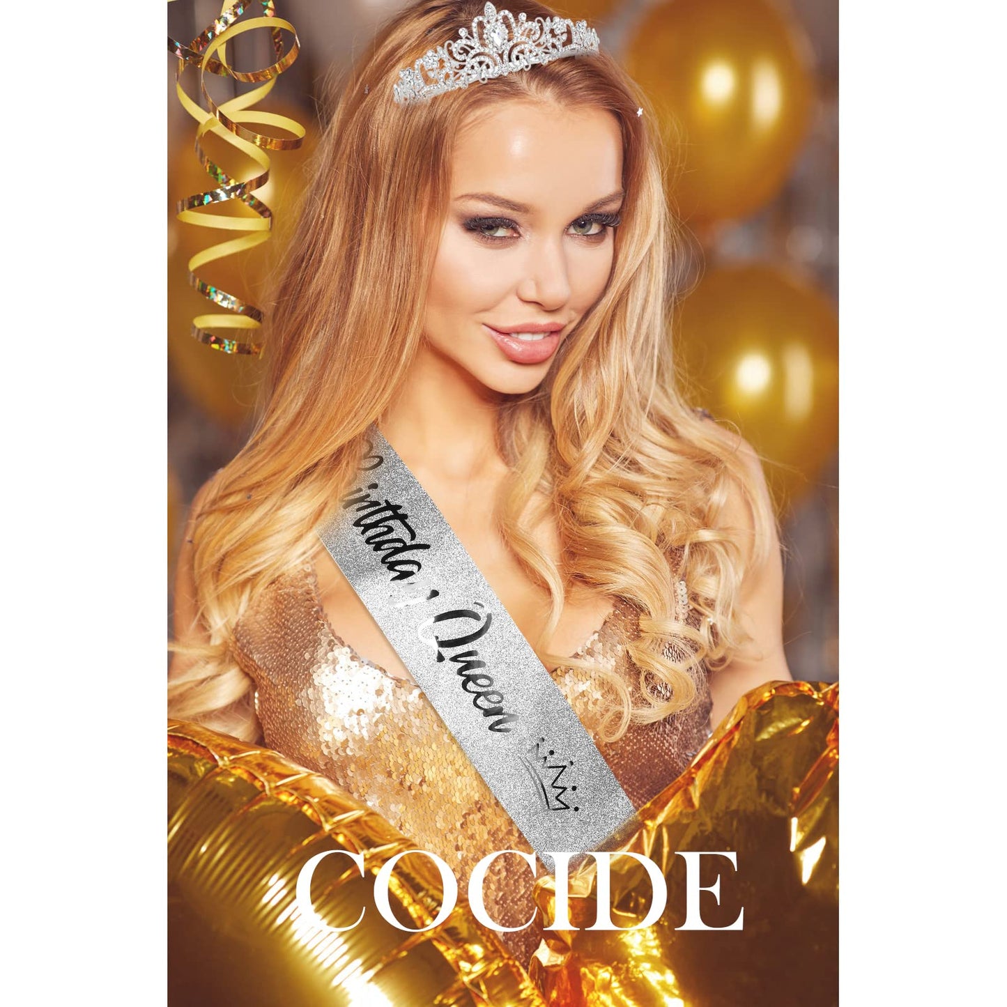 COCIDE "Birthday Queen" Sash and Crystal Tiara Set Tiara and Crowns for Women Birthday Gift for Girl Kit Decorations Set Rhinestone Hair Accessories Glitter Stain Silk Sash for Party