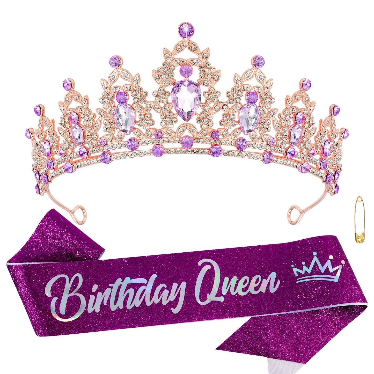 Atoden Birthday Crown and Birthday Queen Sash Purple Tiara Birthday Girl Crystal Crown for Women Princess Birthday Party Decorations Rhinestone Happy Birthday Accessories for Party Birthday Gifts