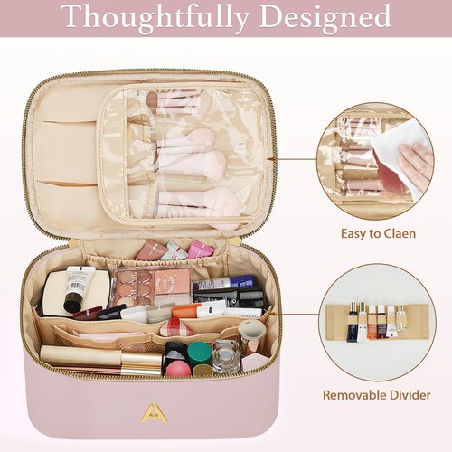CLOUDWINGS Personalized Initial Makeup Bag Gifts for Women, Large Travel Cosmetic Organizer with Handle & Divider, PU Leather Toiletry Bag for Girls, Birthday Bridesmaid Gift Set - Pink - A