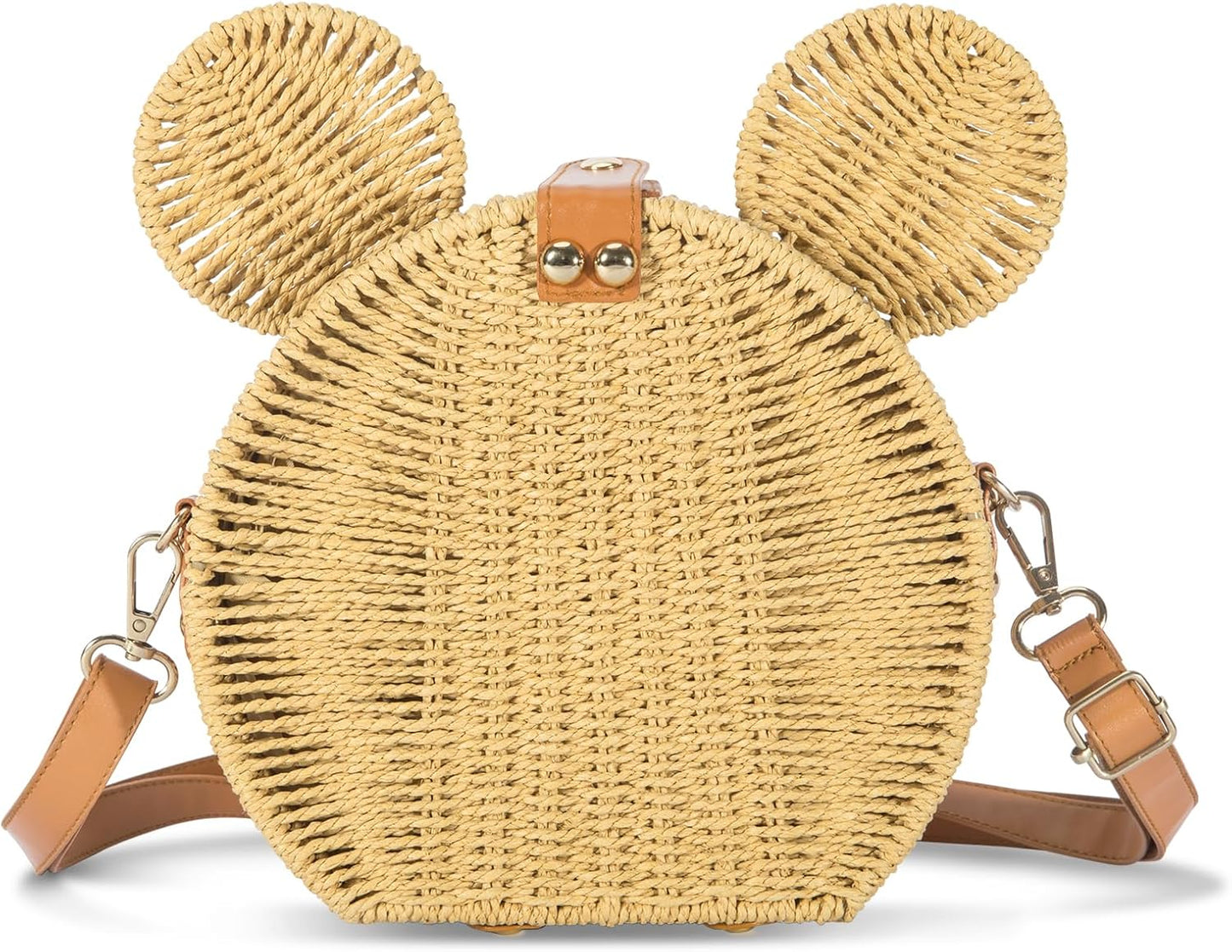 Skiennix Round Rattan Straw Bag - Handmade Wicker Purse with Cute Mouse Ears | Crossbody Shoulder Bag