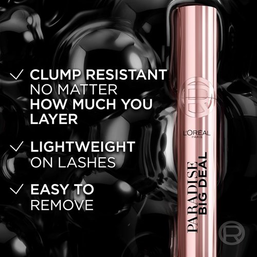 L'Oreal Paris Paradise Big Deal Mascara, Volumizing and Lengthening Formula, Buildable, Clump Resistant, Washable Blackest Black Mascara, 0.33 Fl Oz