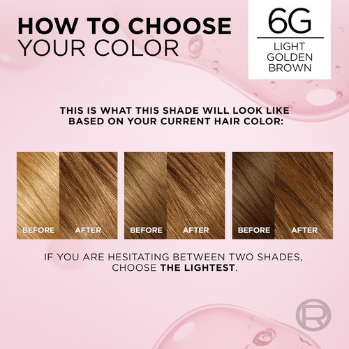 L'Oreal Paris Excellence Crème Permanent Hair Dye, Triple Care Hair Color with Hyaluronic Acid for 100% Gray Coverage, 6G Light Golden Brown, 1 Kit (Packaging May Vary)