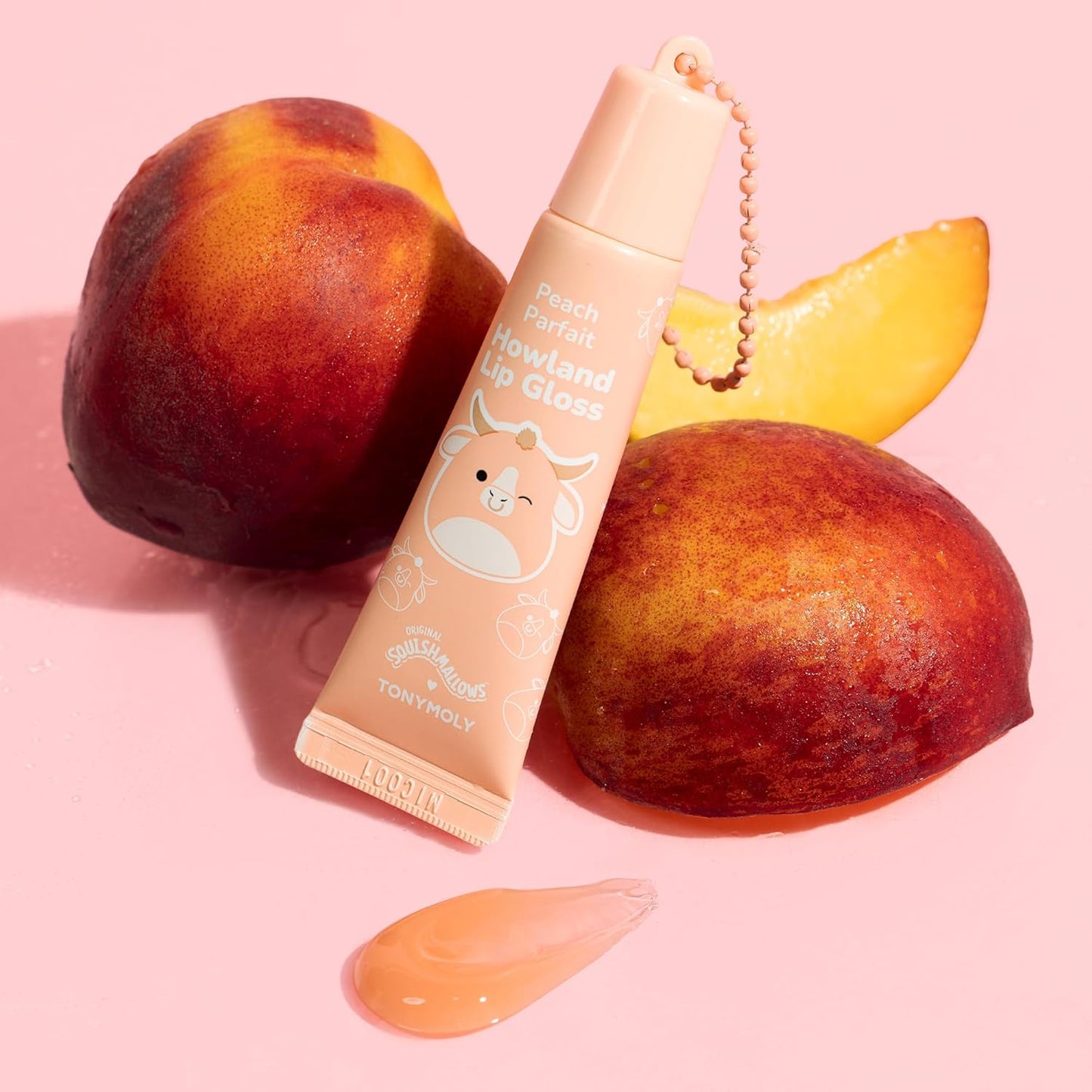 TONYMOLY Howland Keychain Lip Gloss - Hydrating Sheer Peach Tint with Jojoba Oil, 11ml
