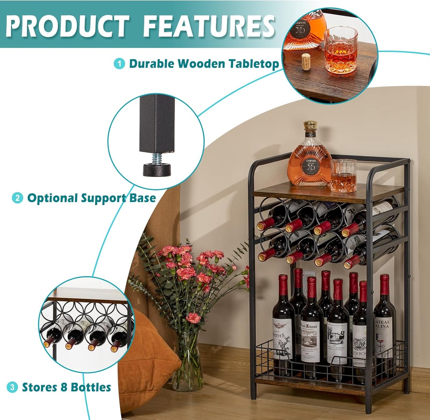 3-Tier Wine Bar Table: Small Liquor Bottle Holder with 8-Bottle Wine Rack Mini Wine Bar Cabinet Corner Whiskey Display Shelf Floor Liquor Storage Bar for Home Living Room