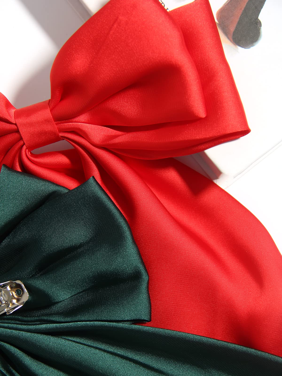 Furling Pompoms Hair Bows for Women,Large Satin Silky Hair Bow Clips Ribbon Long Tail French Barrette Hair Clamps Girls Hair Accessories Party Wedding Charm Green Red Hair Bows