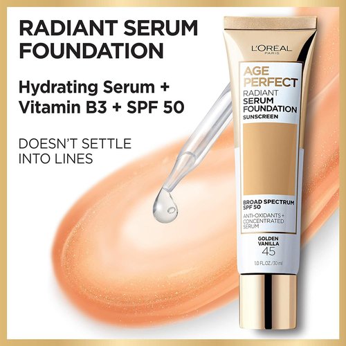 L'Oreal Paris Age Perfect Radiant Serum Foundation - SPF 50, Almond, 1 Ounce for Youthful Glow