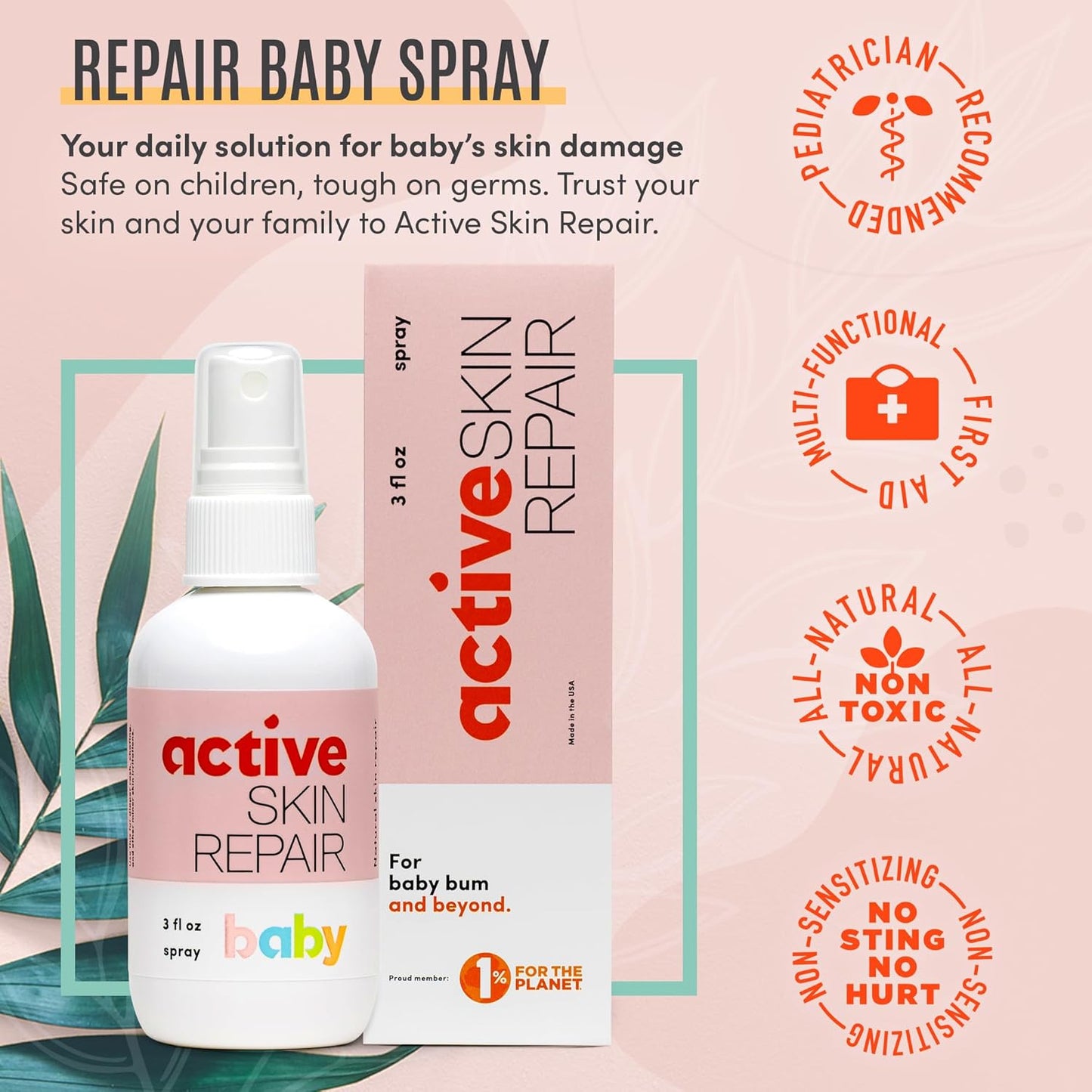 Active Skin Repair Baby Spray - Natural, Non-Toxic First Aid for Diaper Rash, Eczema & More | 3 oz.