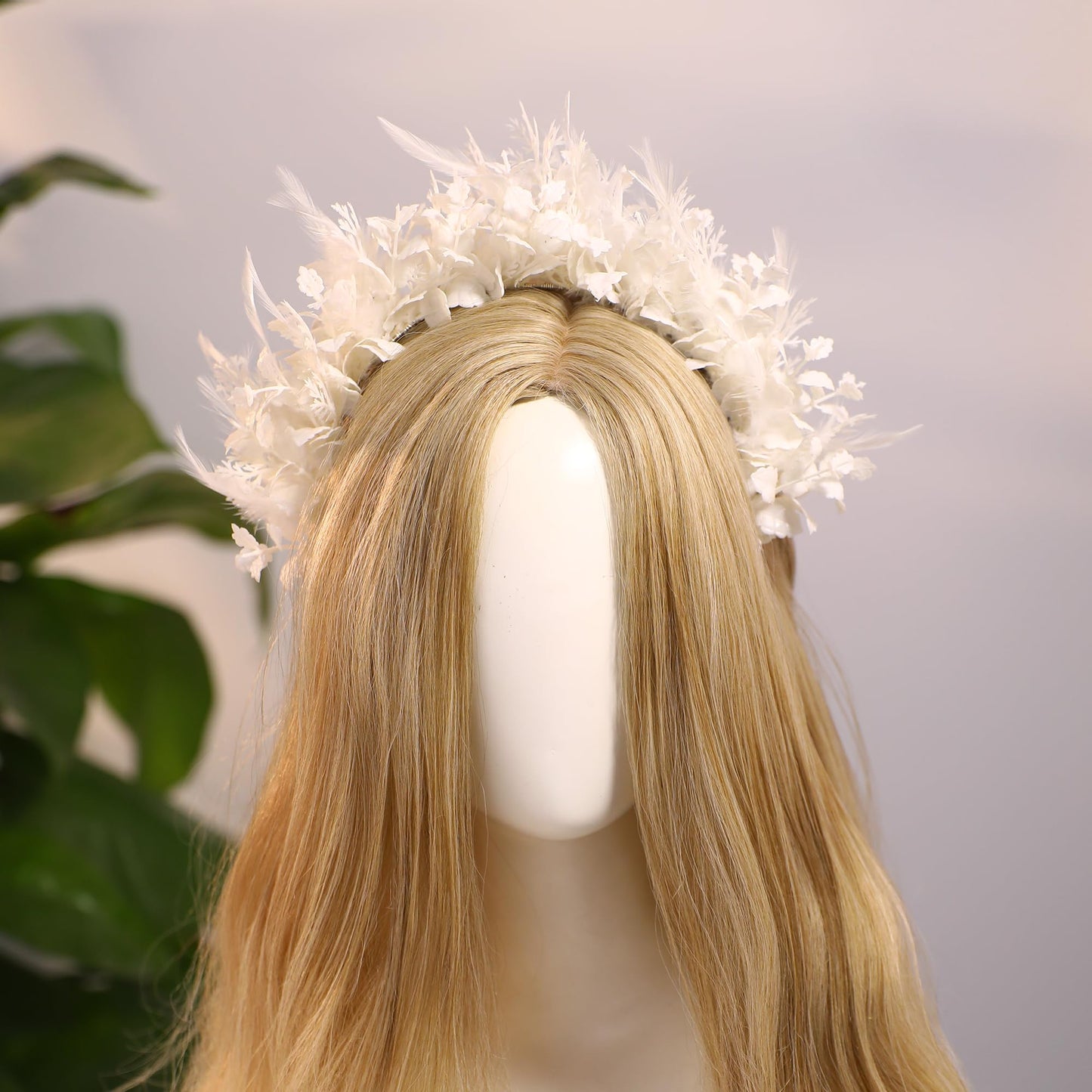 MOSTORY Handmade White Feather Crown - Flower Halo Headband Bohemian Hairband with Leaves Fairy Headpiece for Women Girls Wedding Party Mardi Gras Carnival Fae Ball Photo Shoot