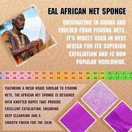 African Bath Sponge | 4-Piece Set - Gentle Exfoliator for Glowing Skin, Durable Nylon Mesh (Yellow, Pink, Purple, Green)