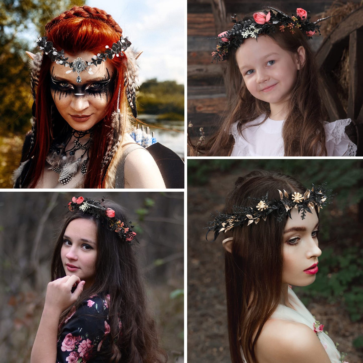 MOSTORY Handmade Black Flower Crown - Dark Floral Headband Elf Wreath Fairy Circlet for Women Girls Renaissance Halloween Cosplay Accessory