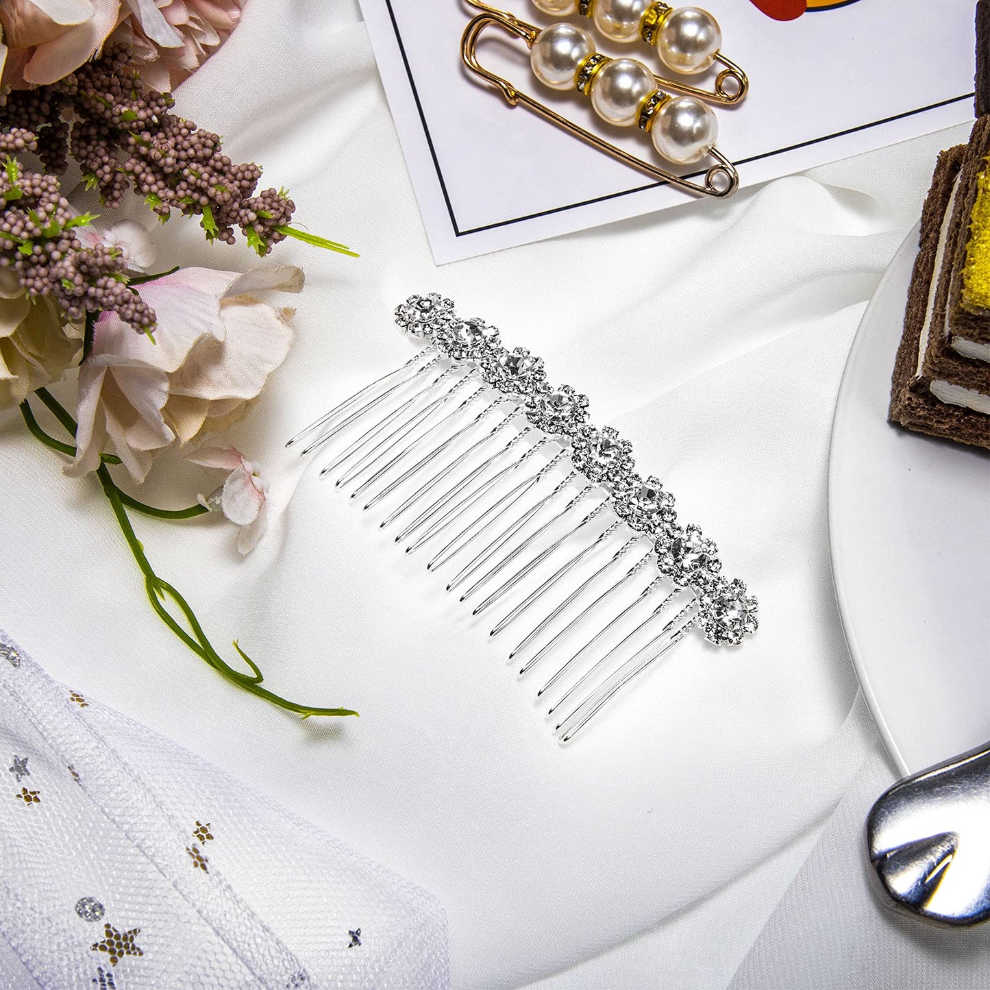 Geosar 4 Pieces Alloy Rhinestone Side Hair Combs Crystal Flower Hair Clips Wedding Hair Comb Bridal Jewelry Hair Clips Combs French Hair Accessories for Women(Silver)