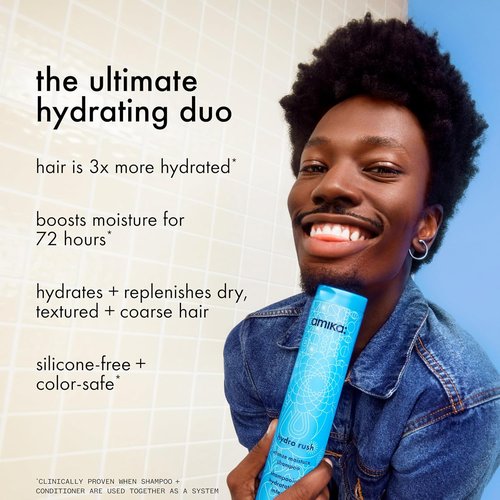 Amika Hydro Rush Intense Moisture Shampoo - Hydrating Formula with Hyaluronic Acid | 12 Fl Oz