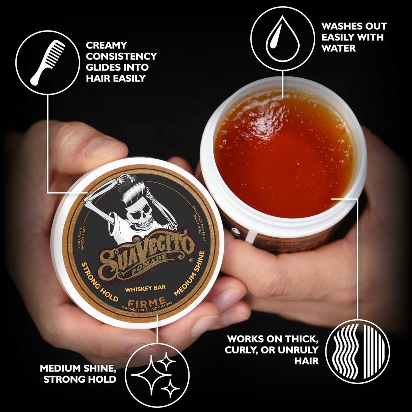 Suavecito Pomade Firme Hold - Whiskey Bar Scent 4 oz | Strong, Flake-Free Hair Gel for Men