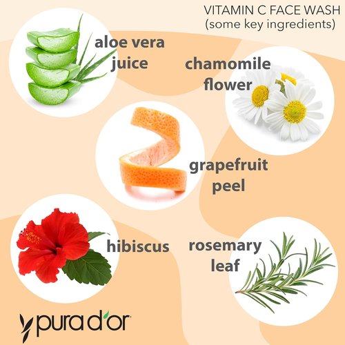 PURA D'OR Vitamin C Face Wash - Antioxidant-Rich Cleanser for Radiant Glow | 8 Oz, Sulfate & Paraben Free