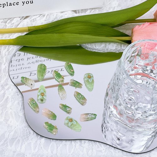 30Pcs Green Press on Nails Medium Almond Fake Nails with 3D Pearl Gold Beads Designs Stick on Nails 3D Flower Butterfly False Nails Spring Summer Acrylic Nails Silver Star Glue on Nails for Women