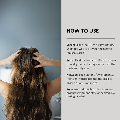 PREVIA Extra Life Dry Shampoo - Instant Scalp Refresh with Natural Tapioca Starch | Vegan Haircare for All Hair Types | 6.76 oz