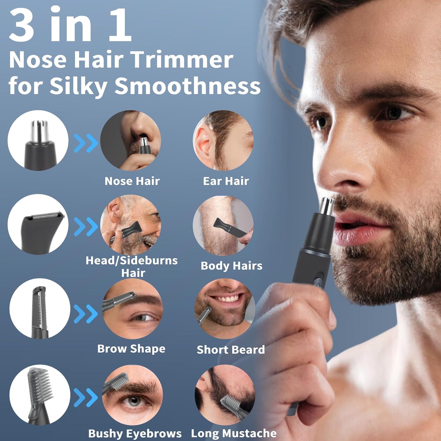 Skiennix Nose Hair Trimmer - Painless 3-in-1 Grooming Kit for Nose, Ear & Eyebrow Hair | Rechargeable & Waterproof