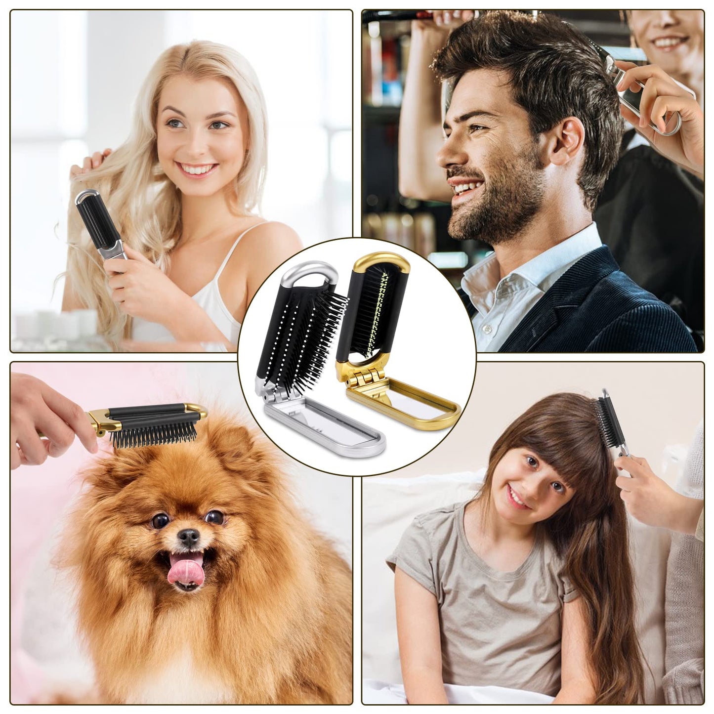 Sliverdew Travel Hair Brush, 2 Pcs Folding Hair Brush with Mini Mirror, Compact Hair Brushes Hair Styling Tools for Gym, Trip, Purse, Swimming, Silver & Gold