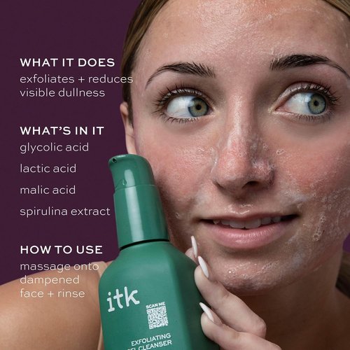 ITK Exfoliating Facial Gel Cleanser - Brightening Face Wash for Smooth, Even-Toned Skin - Glycolic Formula, 5 Fl Oz