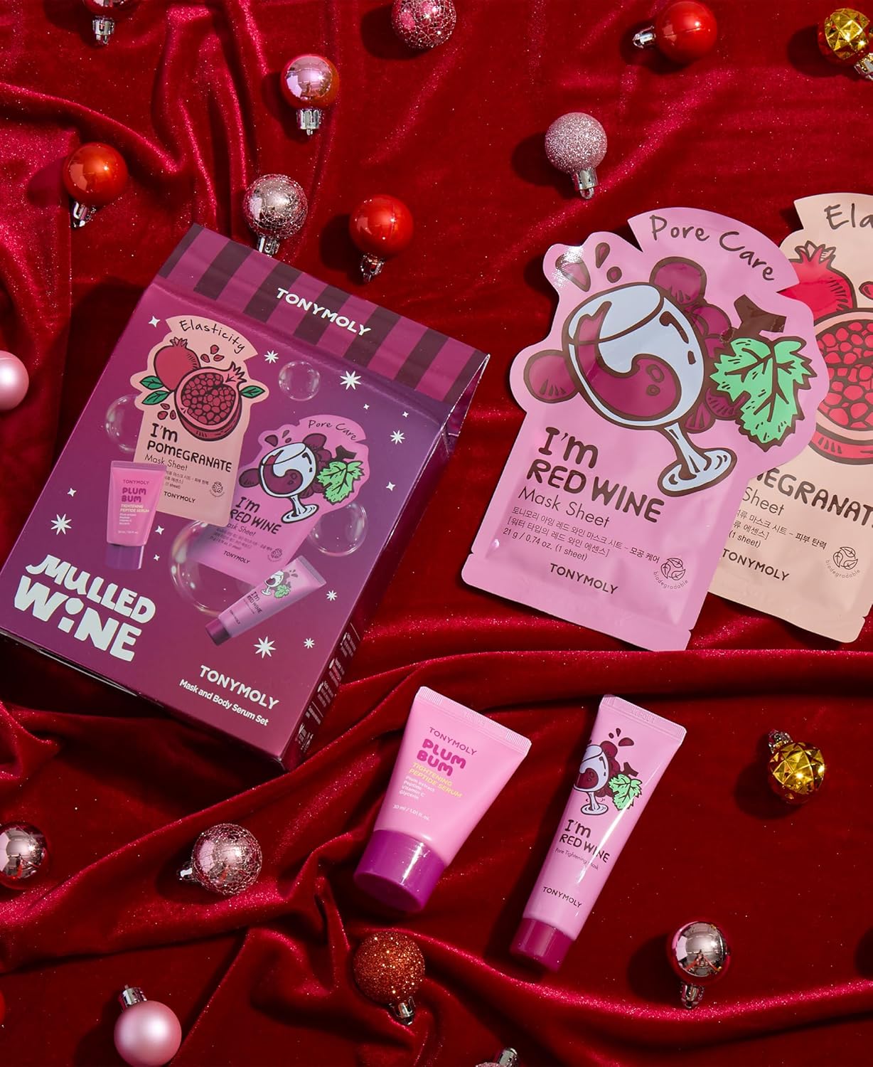 TONYMOLY Mulled Wine Mask & Body Serum Set - Hydrating 4-Piece Holiday Skincare Gift for Secret Santa & White Elephant