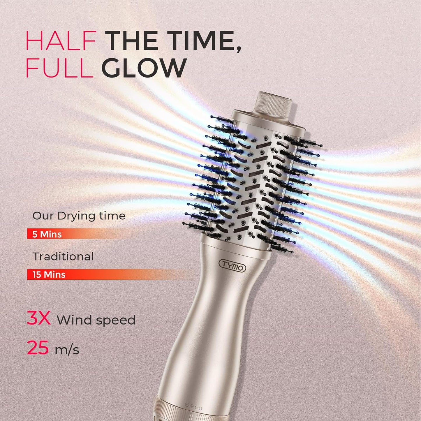 TYMO 2.0 Hair Blow Dryer Brush - One-Step Volumizer with 2-Inch Oval Barrel, Lightweight & Fast Drying, Gold