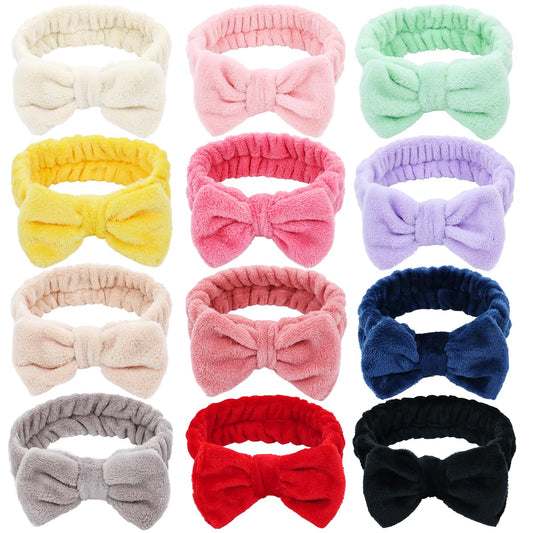 Dizila 12 Pack Solid Super Soft Stretchy Flannel Big Bow Headbands for Washing Face Makeup Shower Skin Care Spa Hair Bands Headwraps for Women Girls Teens