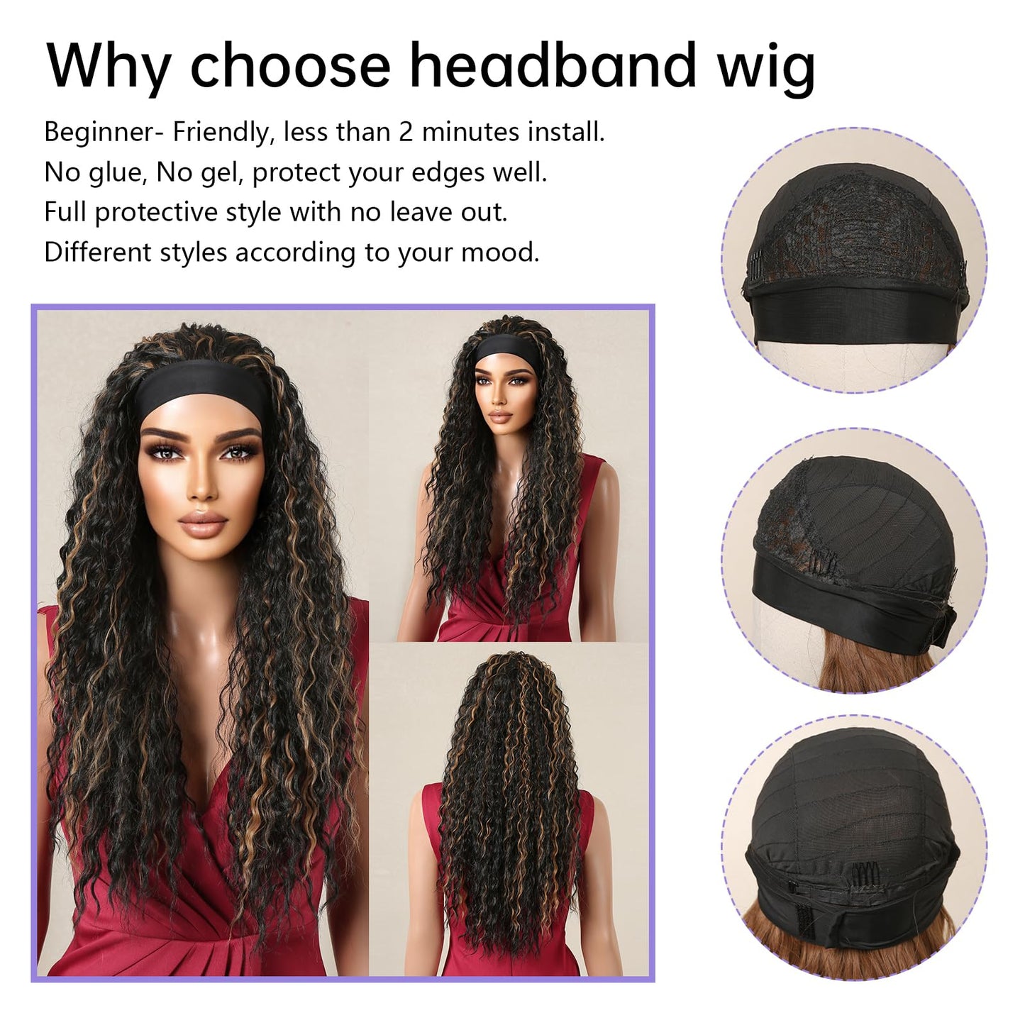 testar Headband Wig Deep Wave Black Wigs for Black Women Long Black Mixed Blonde Highlight Curly Wig None Lace Front Wigs Synthetic Wig High Density