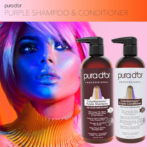 PURA D'OR ColorHarmony Purple Shampoo - 16 Oz for Bleached, Blonde & Silver Hair | Sulfate-Free, Keratin & Bamboo Fiber