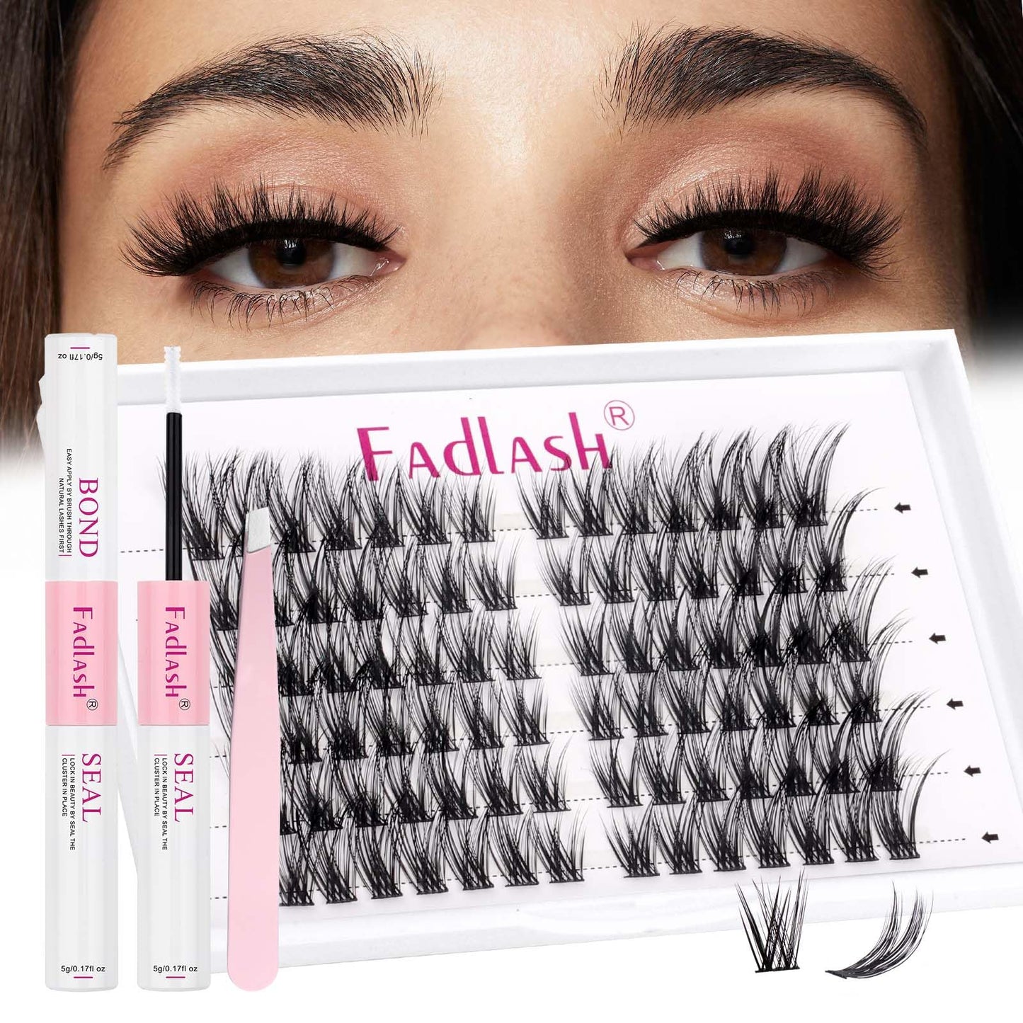 FADLASH Cat Eye DIY Lash Extension Kit Lash Clusters Kit Individual Lashes with Lash Bond and Seal Lash Tweezers Cluster Eyelash Extensions Kit Eyelash Clusters Wispy Cluster Lashes Natural (KIT T02)