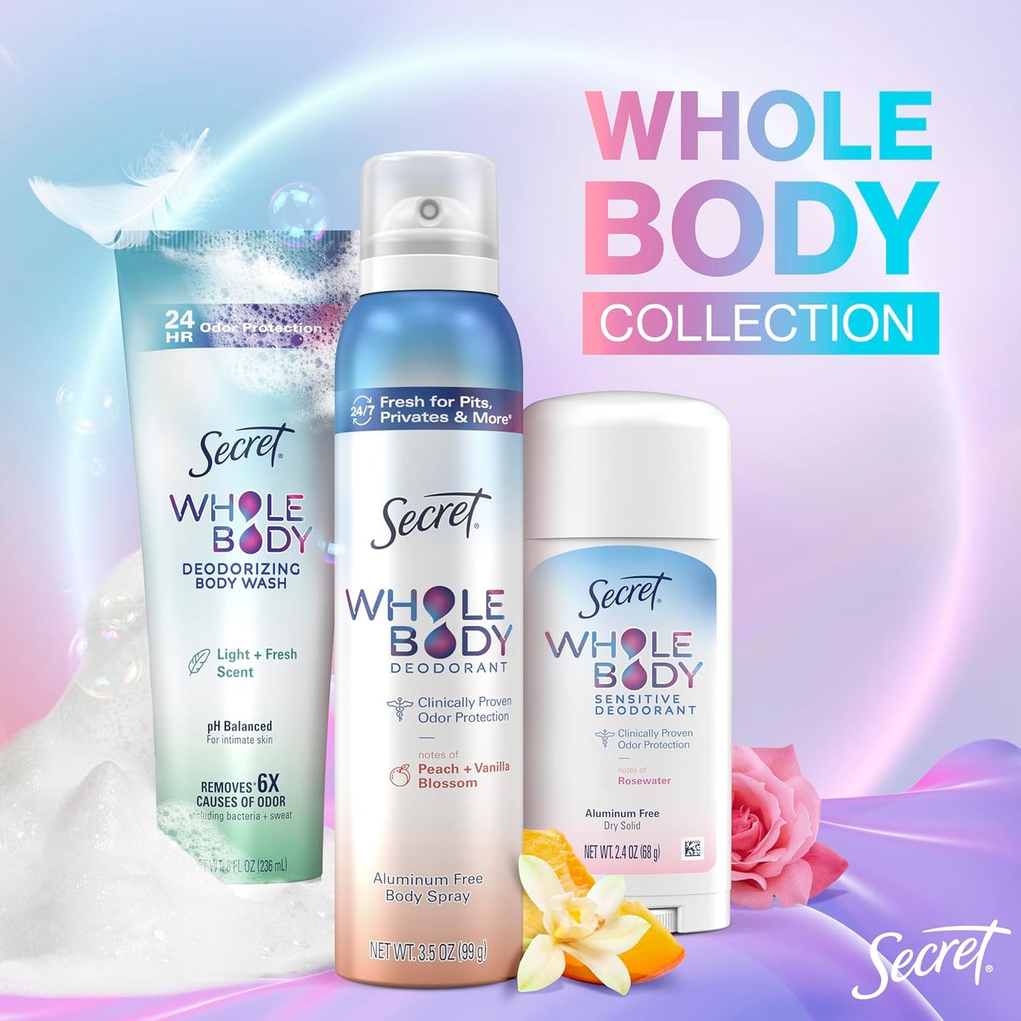 Secret Feminine Wash - 24 HR Deodorizing Body Wash for Women | PH Balanced, Peach & Vanilla Blossom, 8 oz