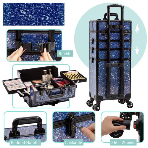 AROUS Rolling Makeup Train Case Large Storage Cosmetic Trolley 5 in 1 Large Capacity Trolley Makeup Travel Case with Key Swivel Wheels Salon Barber Case Traveling Cart Trunk, Black (Blue)