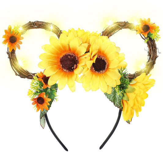 VISSTREE LED Sunflower Mouse Ears Light Up Headband Adult - Lightweight Yellow Flower Branches Mouses Ears Headband for Women Girls Hair Halloween Costume