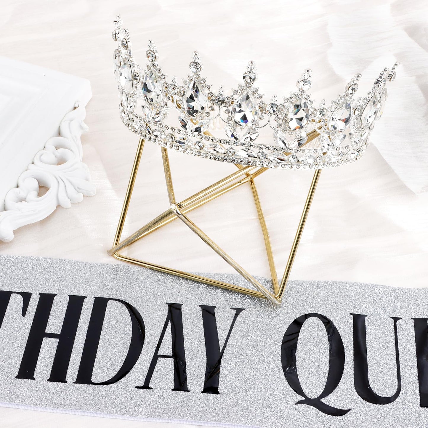 Vovii Birthday Crown & Sash Set for Women, Sliver Rhinestone Tiara & Birthday Queen Sash for Women Birthday Decorations, Happy Birthday Party Decorations for Birthday Crown Adult Woman