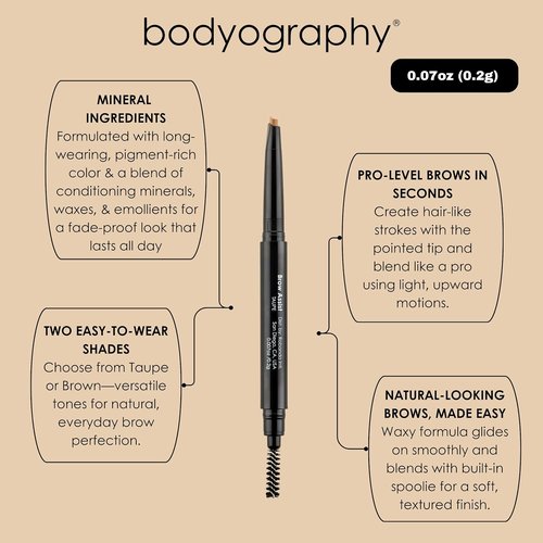 Bodyography Brow Assist - Brown Triangular Tip Eyebrow Pencil with Built-In Spoolie | Defines & Shapes Brows | Vegan Formula with Castor & Coconut Oil