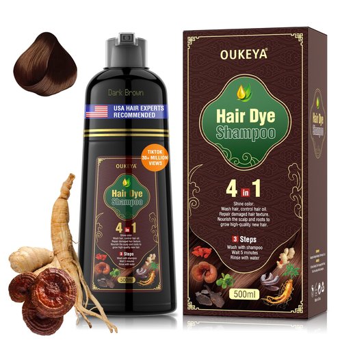 OUKEYA Dark Brown Hair Dye Shampoo 4 In 1, Hair Color Shampoo for Gray Hair Coverage for Women & Men, Instant Natural Herbal Ingredients Color Professional Salon-Level Treatments