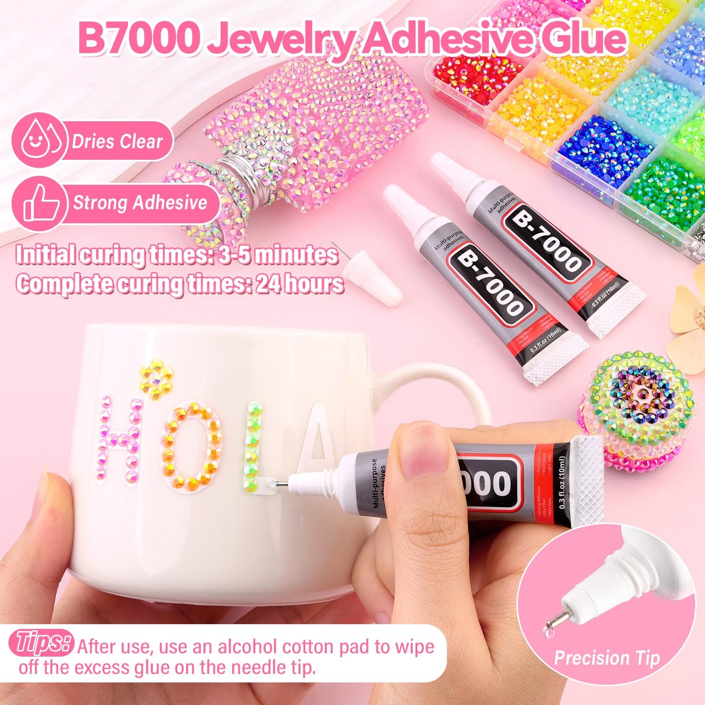 Resin Rhinestones for Bedazzling Kit, 34000Pcs Mixed-Color 3mm Bedazzled Crystal with 3Pcs 10ml B7000 Jewelry Glue, Flatback Gems for DIY Crafts Clothing Nail Art Makeup