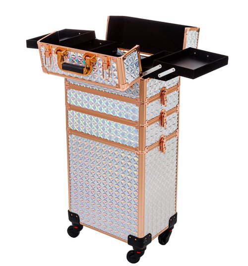 AROUS 5 in 1 Professional Makeup Train Case Aluminum Cosmetic Case Rolling Makeup Case Extra Large Trolley Makeup Travel Organizer, with 360° Swivel Wheels, White and Gold, JG0001