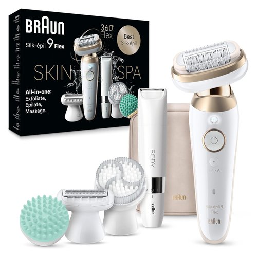 Braun Silk-épil 9 Flex Epilator - 360° Flex Head, Wet/Dry Use, Includes Shaver Head & Exfoliation Brush