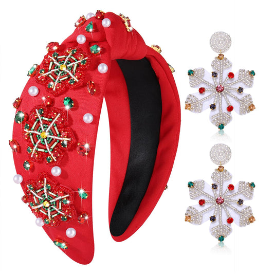 ARATLENCH Christmas Headband Pearl Rhinestone Jeweled Knotted Headband Accessories Snowflake Xmas Tree Beaded Earrings Winter Holiday Xmas Outfits for Women Girls