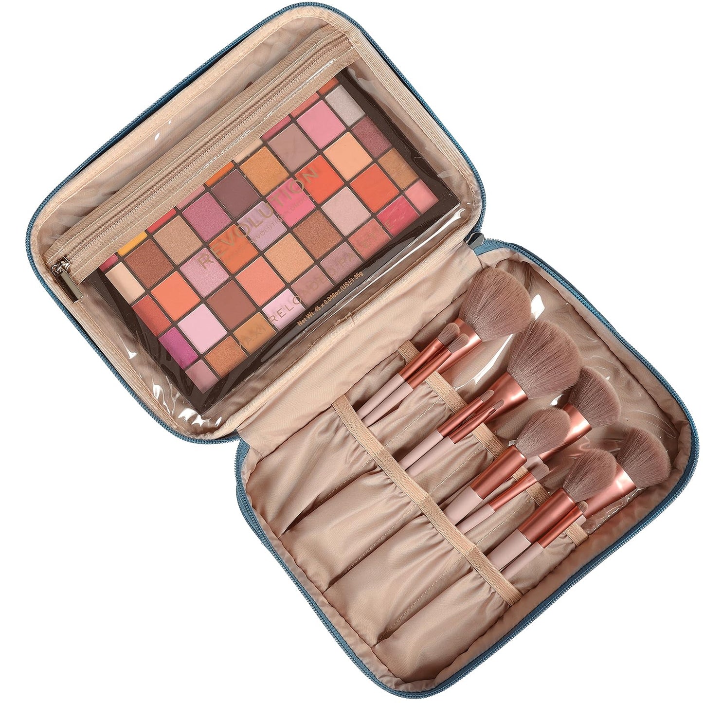 NISHEL Large Double Layer Travel Makeup Bag Women, Cosmetic Case, Organizer for Travel-Size Accessories Bottles, Brushes, Conditioner, and Skin Care Products, Lake Blue