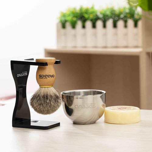 Anbbas Pure Badger Hair Shaving Brush Solid Manchurian Ash Wood Handle,Black Broken-Resistant Acrylic Shaving Stand,Stainless Steel Shaving Bowl Dia 3.2 inch and Goat Milk Soap 100g 4IN1 Set for Men