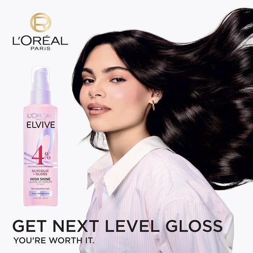 L'Oreal Paris Elvive Glycolic + Gloss Leave-In Hair Serum - Smooths Dull Hair for High Shine, 4.4 Fl Oz