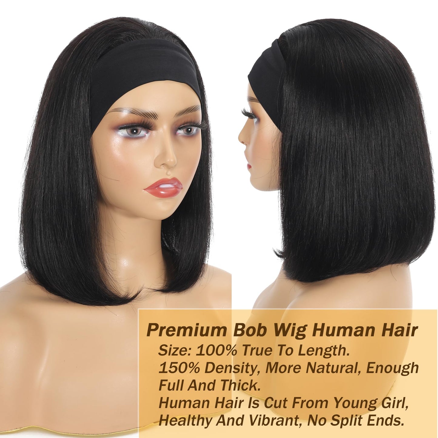 Miss Lee Straight Bob Headband Wig Human Hair None Lace Wigs for Black Women Glueless Short 100% Brazilian Virgin Head Band Easy to Install Half with Free