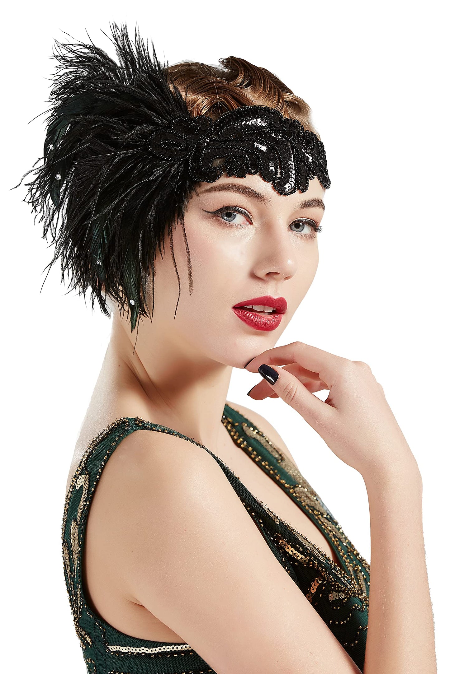 BABEYOND 1920s Flapper Headband Vintage Black Feather Headpiece with Sequin Beads Roaring 20s great Gatsby Hair Accessory for Party (Black)