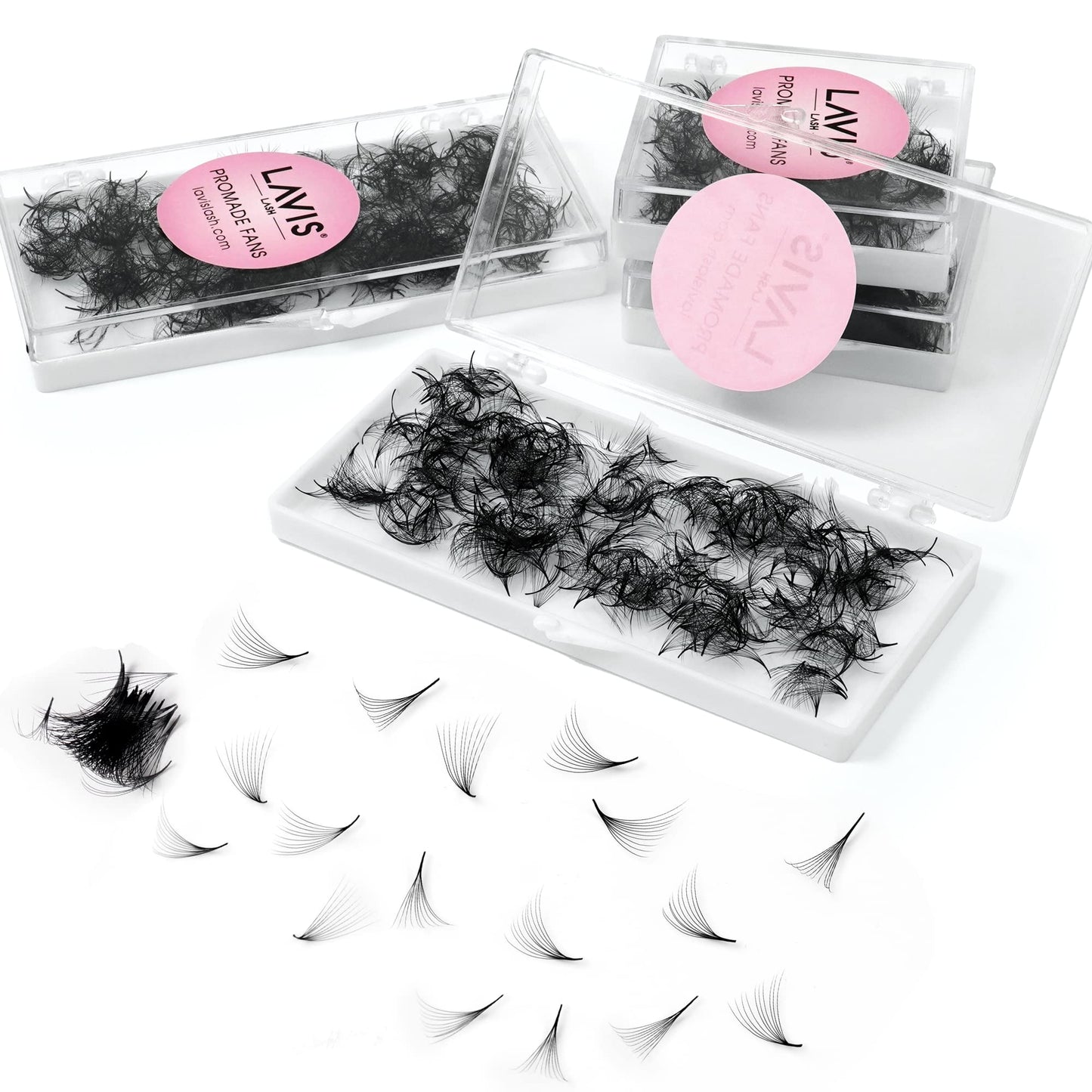 LAVISLASH 500 Promade Fans Eyelash Extension | Handmade Loose Volume Lash | Mutiple Options 3D-8D/10D/12D/14D/16D Fans | 0.03/0.05/0.07mm Thickness | C/CC/D Curl | 8-16mm Length(10D-0.03-D-9mm)