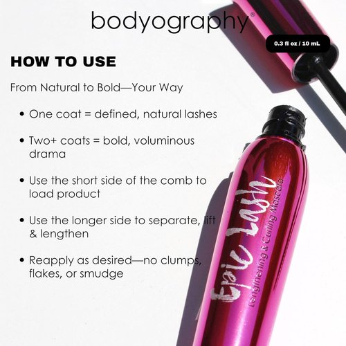 Bodyography Jet-Black Lengthening Mascara - Dual-Sided Silicone Comb for Volume & Lift | Smudge-Free, Buildable Formula