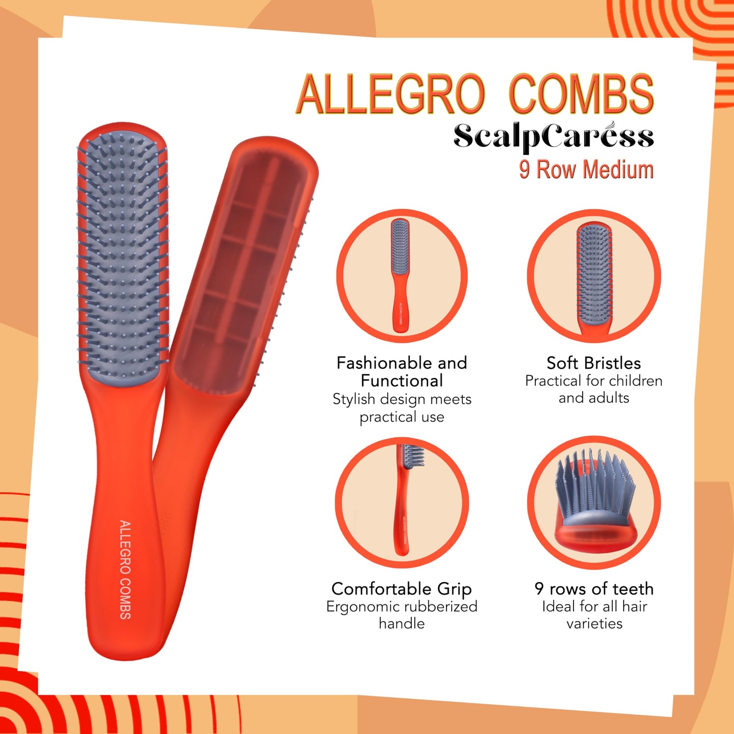 Allegro Combs ScalpCaress Hair Brushes For Women Mens Brush Children Detangler Brush For Curly Hair Curly Hair Brush Slick Back Hair Brush (Red, Medium)